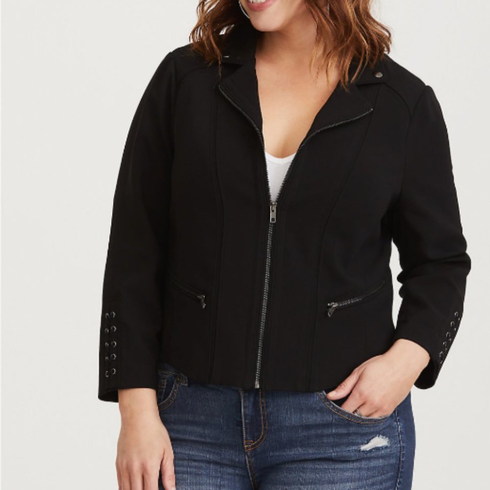 Torrid Black Lattice Crepe Moto Jacket Collared